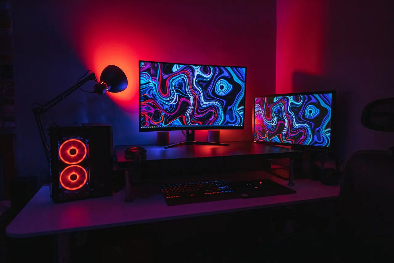 Nowoczesne biurko gracza z podświetleniem, monitorami i fotelem, pokazujące, jak zbudować idealny gamingowy setup dla komfortowej gry.